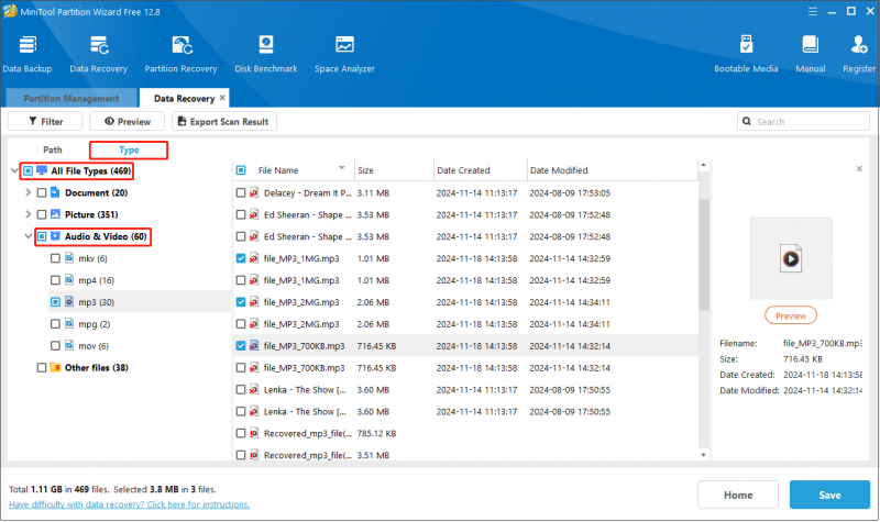   en los resultados del escaneo de MiniTool Partition Wizard, seleccione los archivos de audio necesarios según el tipo