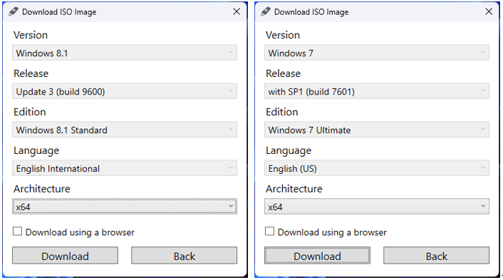   imagens ISO do Windows 8.1 e Windows 7 disponíveis no Rufus
