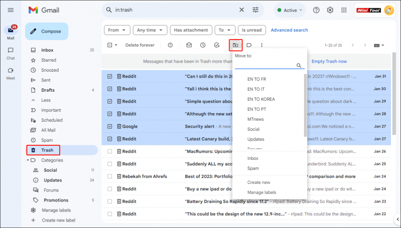   recuperar e-mails excluídos do Gmail da Lixeira