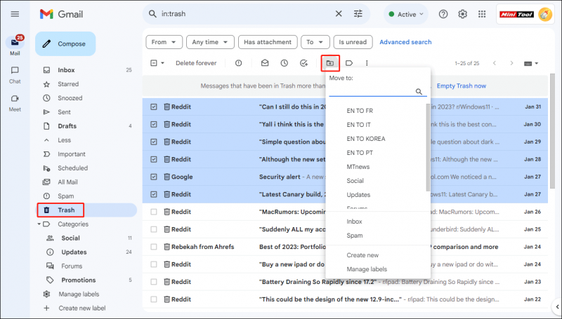   khôi phục email đã xóa Gmail từ Thùng rác