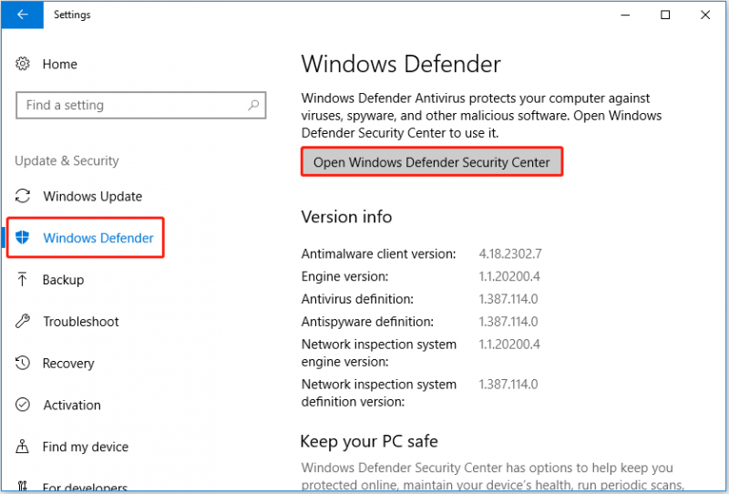   avaa Windows Defender