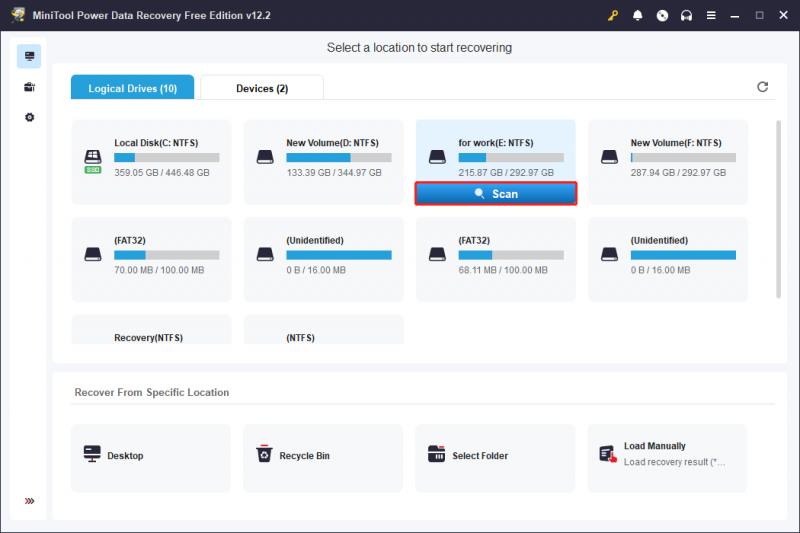   a MiniTool Power Data Recovery segítségével vizsgálja meg a meghajtót, ahol a törölt ARJ-fájlok vannak tárolva