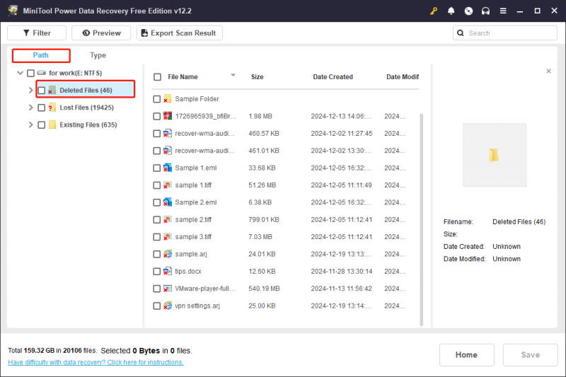   használja a Path funkciót a szükséges ARJ-fájlok megtalálásához a MiniTool Power Data Recovery alkalmazásban