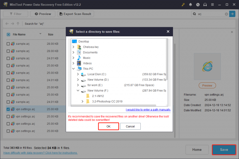   mentse a szükséges ARJ-fájlt egy új helyre a MiniTool Power Data Recovery alkalmazásban