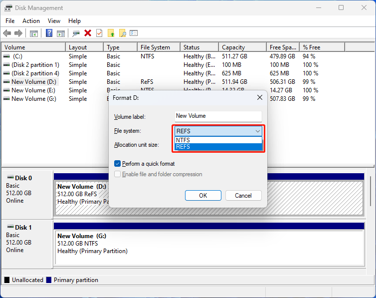   formater une partition ReFS dans Gestion des disques