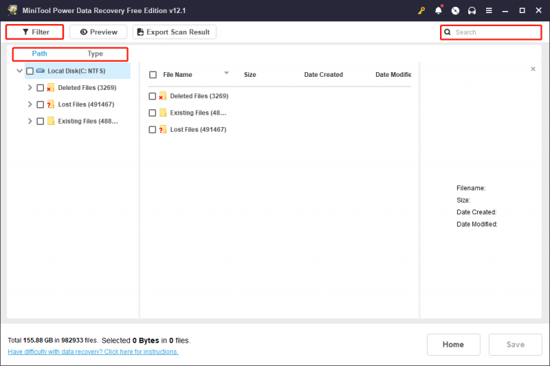   a la interfície de resultats d'escaneig de MiniTool Power Data Recovery, trobeu els fitxers necessaris mitjançant les funcions relacionades