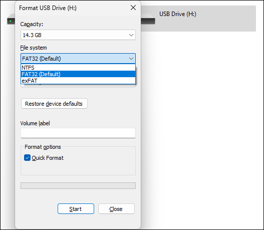   USB-vormingus File Exploreris