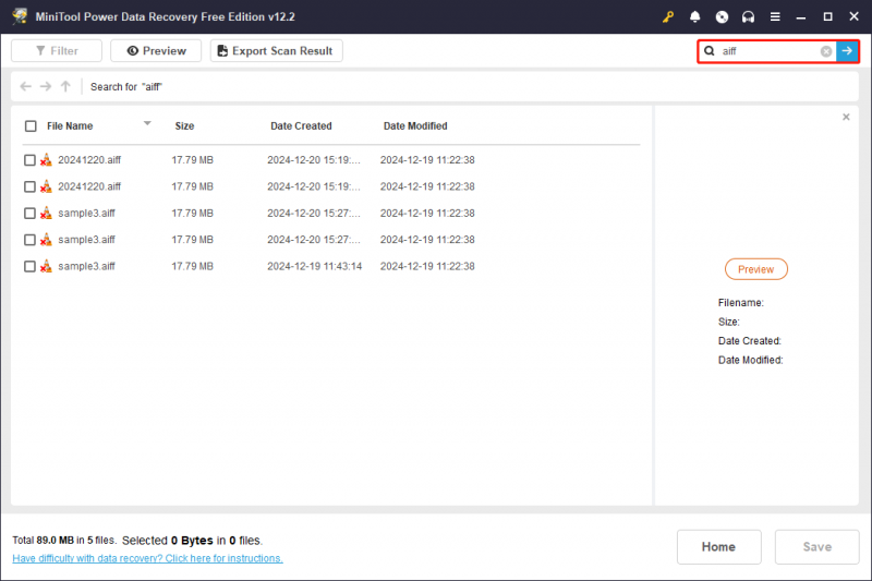   検索機能を使用して、MiniTool Power Data Recoveryのスキャン結果ページで必要なAIFFオーディオファイルを検索します