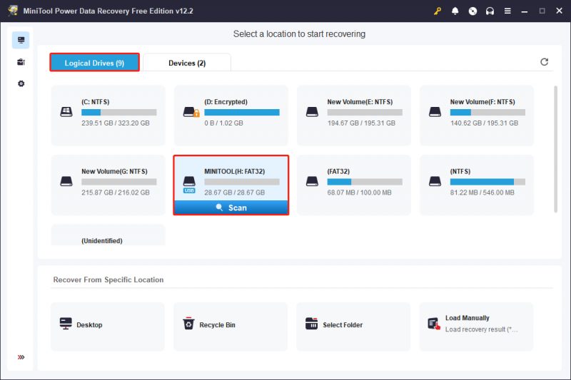   passe o mouse sobre a partição de destino e clique em Digitalizar para iniciar o processo de digitalização no MiniTool Power Data Recovery