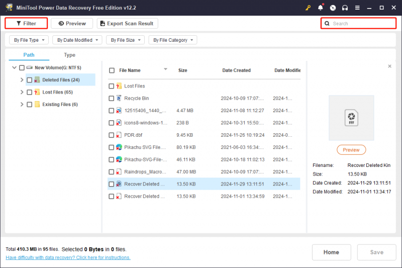   las funciones de filtro y búsqueda de MiniTool Power Data Recovery