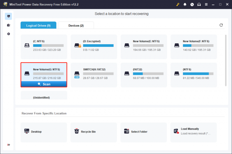   clique em Verificar e o MiniTool Power Data Recovery verificará a unidade onde os arquivos RTF foram armazenados