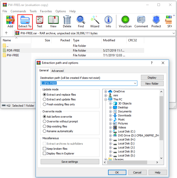 извличане на RAR файлове с WinRAR в Windows 10