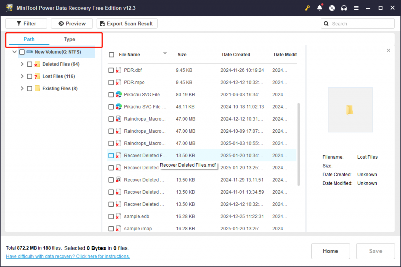   Norėdami rasti MDF failą „Minitool Power Data Recovery“, naudokite kelią ir tipo funkcijas