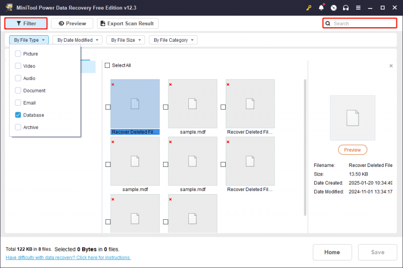   Naudokite filtro funkciją, kad greitai surastumėte MDF failus „Minitool Power Data Recovery“