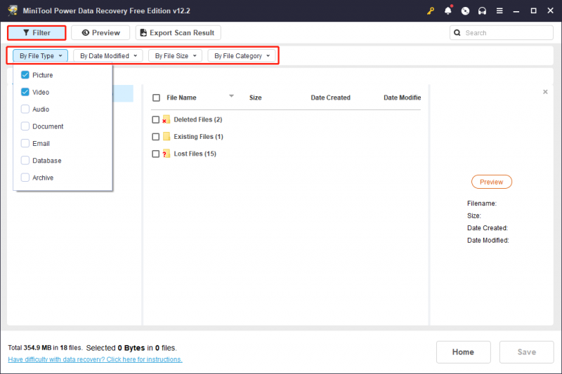   os recursos de filtro para ajudar os usuários a encontrar facilmente os arquivos desejados no MiniTool Power Data Recovery