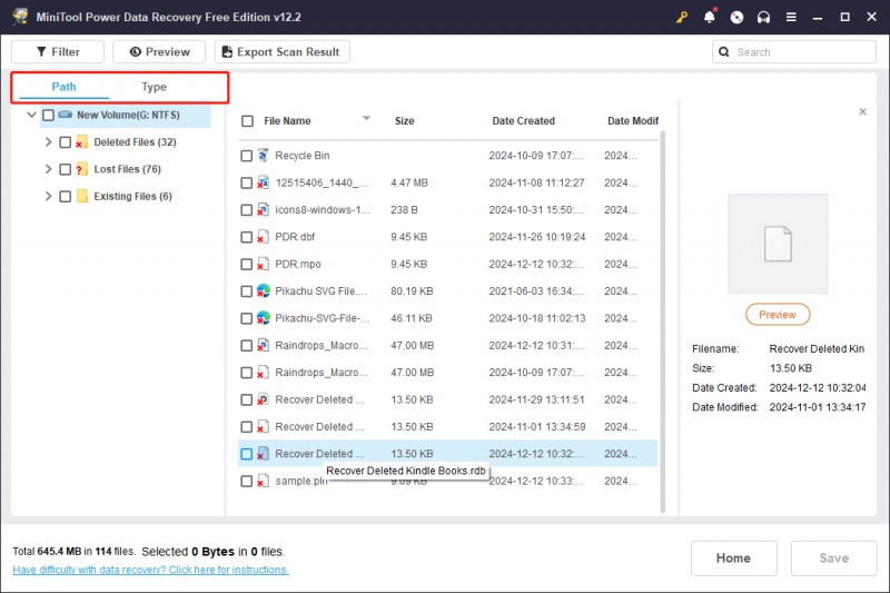   de Path- en Type-functies in MiniTool Power Data Recovery