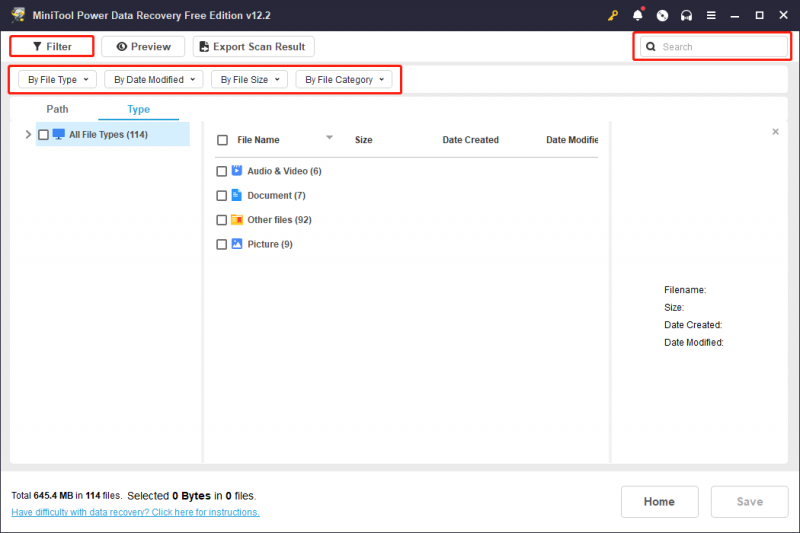   use os recursos de Filtro e Pesquisa para encontrar os arquivos desejados rapidamente no MiniTool Power Data Recovery