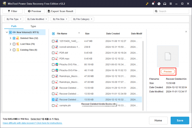   klik op de knop Voorbeeld om te controleren of het bestand nodig is in MiniTool Power Data Recovery