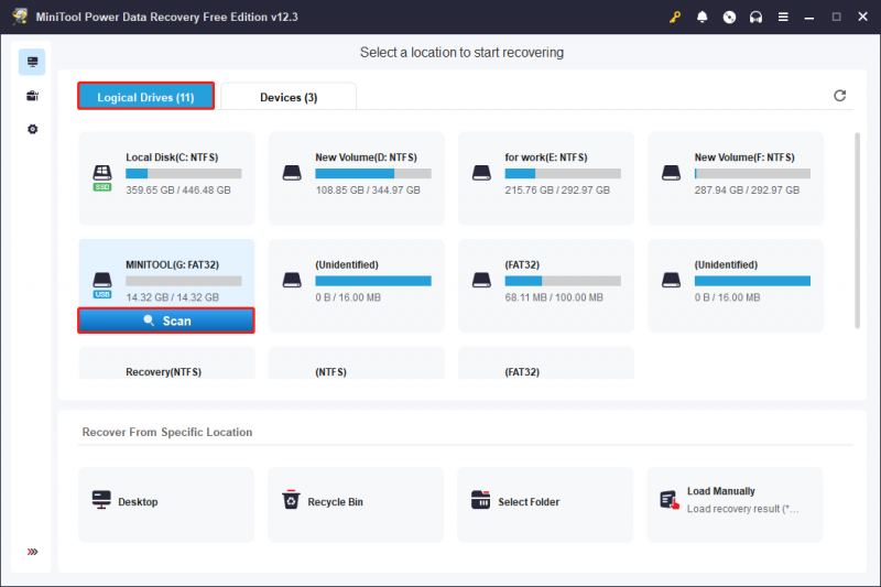   digitalize seu cartão SD na interface principal do MiniTool Power Data Recovery