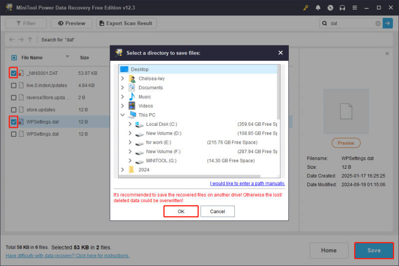   salve os arquivos selecionados em um novo local usando o MiniTool Power Data Recovery