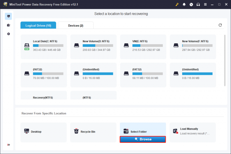   w głównym interfejsie MiniTool Power Data Recovery wybierz folder do przeskanowania w poszukiwaniu utraconych lub usuniętych plików