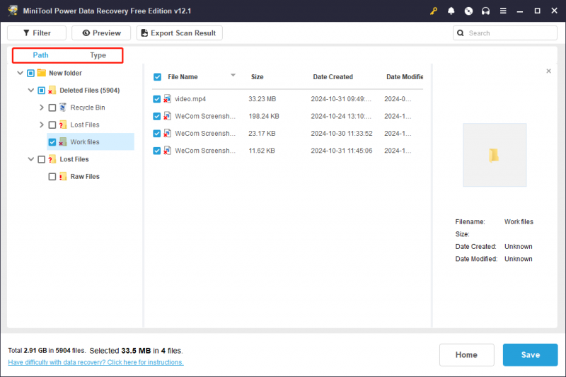   na stronie wyników skanowania programu MiniTool Power Data Recovery wpisz pliki robocze, aby wyszukać potrzebne pliki