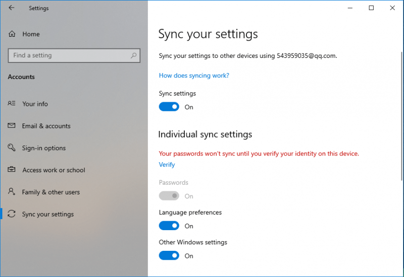   sincronizza le tue impostazioni su Windows 10