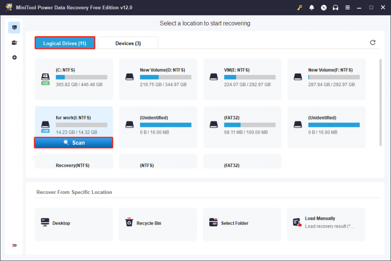   MiniTool Power Data Recovery sadaļā Loģiskie diski izvēlieties disku, kurā pirms skenēšanas tika saglabāti fotoattēli.