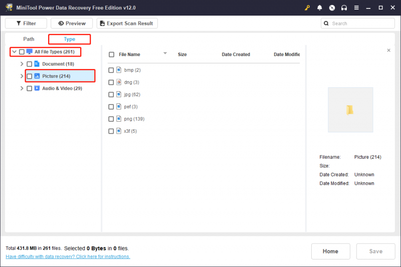   sa interface ng resulta ng pag-scan ng MiniTool Power Data Recovery, gamitin ang feature na Uri upang mahanap ang target na larawan