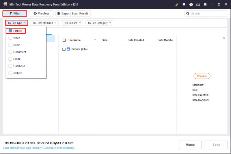   na interface de resultados da digitalização do MiniTool Power Data Recovery, use o recurso Filtro para encontrar a foto alvo