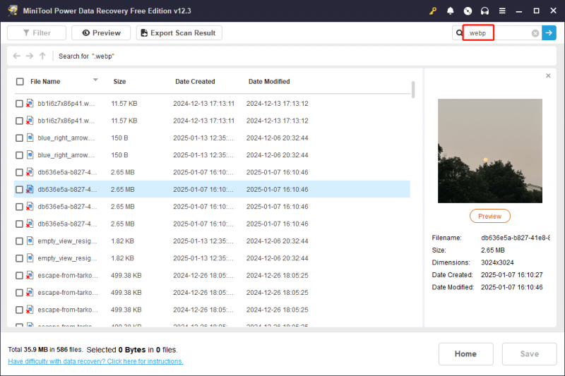   søg i WEBP-filer på resultatsiden af ​​MiniTool Power Data Recovery