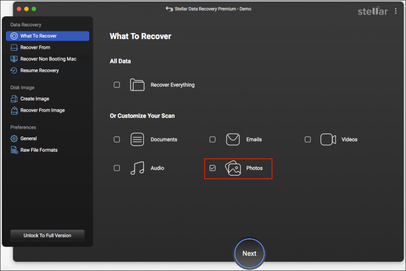   selecione Fotos apenas no Stellar Data Recovery para Mac