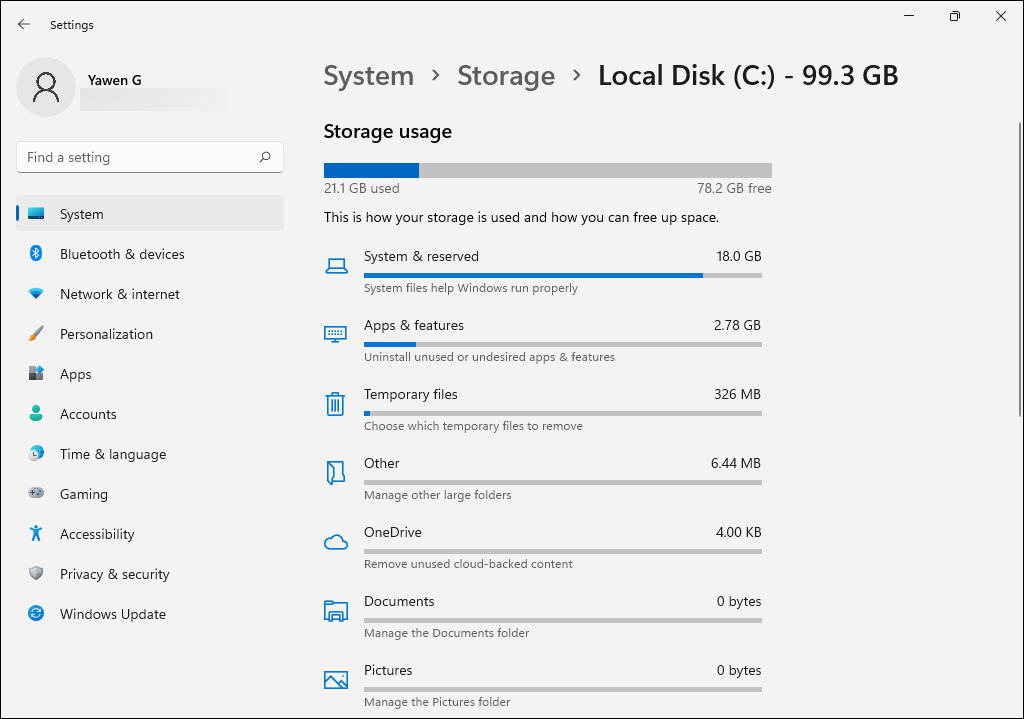 Windows 11 temiz yüklemesinden sonra depolama alanı kullanımı