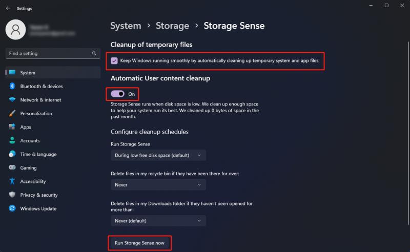   eseguire Storage Sense per ripulire i file