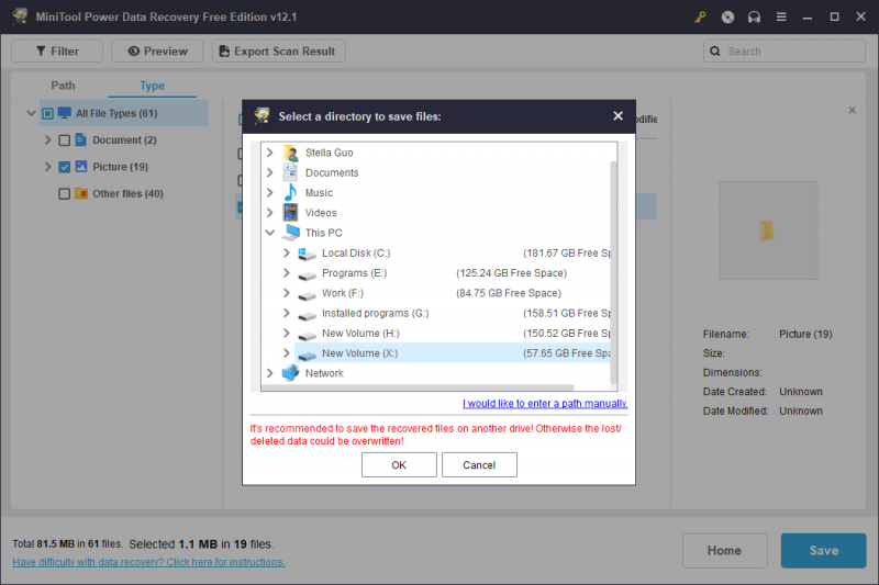   pilih fail yang diperlukan dan pilih lokasi untuk menyimpannya MiniTool Power Data Recovery