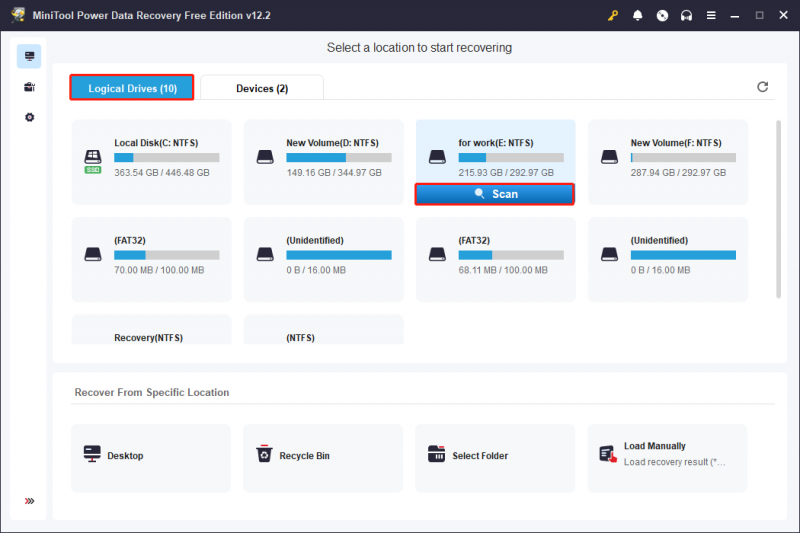   scan de schijf waar CAB-bestanden zijn opgeslagen in de hoofdinterface van MiniTool Power Data Recovery