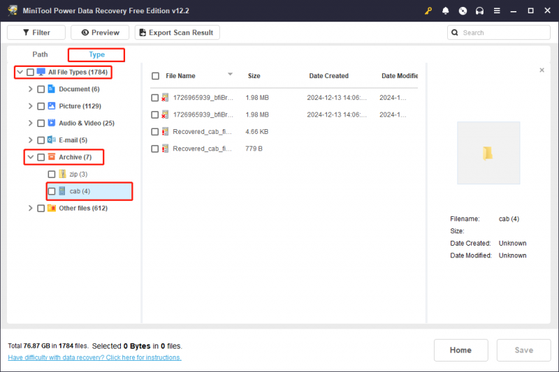   vind CAB-bestanden via de Type-functie op de scanresultatenpagina van MiniTool Power Data Recovery