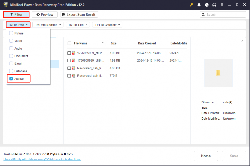   vind CAB-bestanden via de filterfunctie op de scanresultatenpagina van MiniTool Power Data Recovery