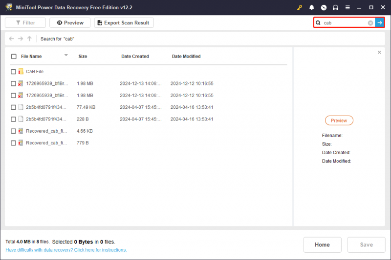   vind CAB-bestanden via de zoekfunctie op de scanresultatenpagina van MiniTool Power Data Recovery