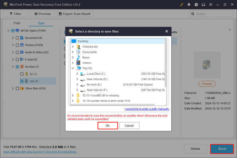   escolha um novo local para armazenar os arquivos CAB selecionados no MiniTool Power Data Recovery