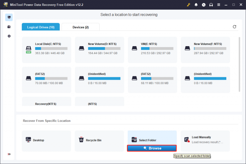   naskenujte složku, kde byly uloženy soubory WMA v hlavním rozhraní MiniTool Power Data Recovery