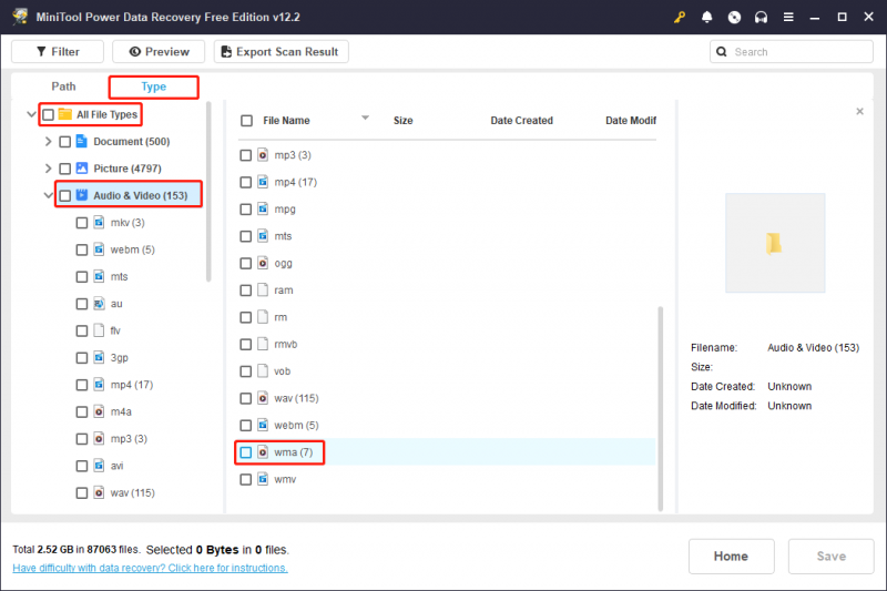   použijte funkci Type k nalezení potřebných souborů WMA v MiniTool Power Data Recovery