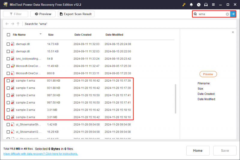   используйте функцию поиска, чтобы найти необходимые файлы WMA в MiniTool Power Data Recovery.