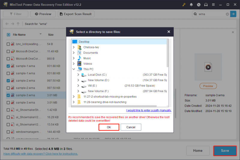   uložte potřebné soubory WMA do nového umístění v MiniTool Power Data Recovery