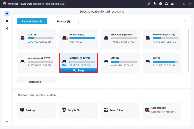   scansiona la partizione di destinazione tramite MiniTool Power Data Recovery