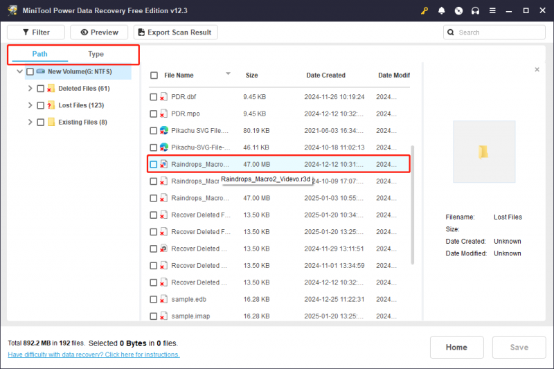   utilizzare Filtra e Cerca per individuare i file desiderati in MiniTool Power Data Recovery