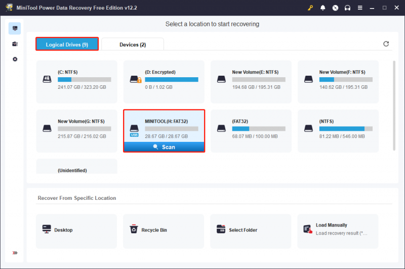   verifique a partição de destino na guia Unidades lógicas por meio do MiniTool Power Data Recovery