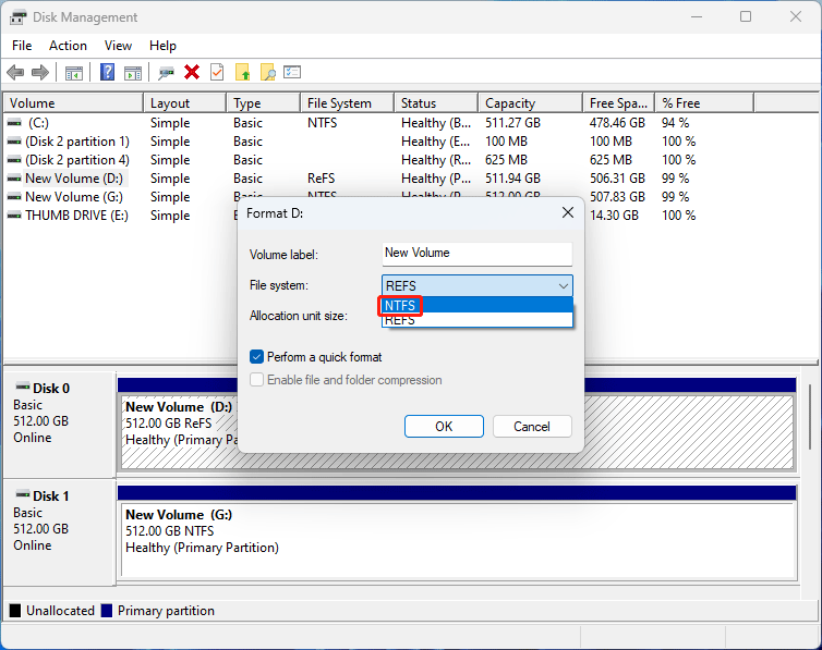   formatar ReFS para NTFS no gerenciamento de disco