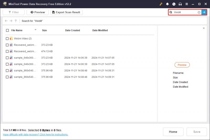   i skanneresultatgrensesnittet til MiniTool Power Data Recovery, bruk søkefunksjonen for å finne den nødvendige WebM-filen