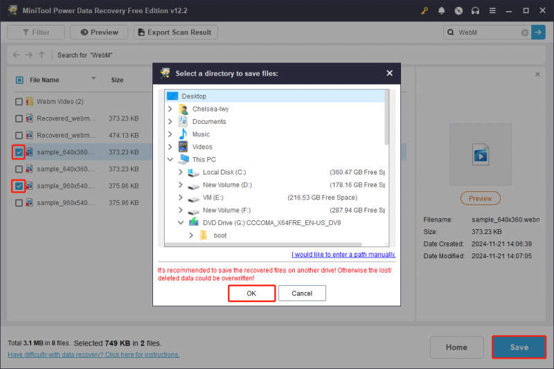   i skanneresultatgrensesnittet til MiniTool Power Data Recovery, velg et nytt sted for å lagre filer